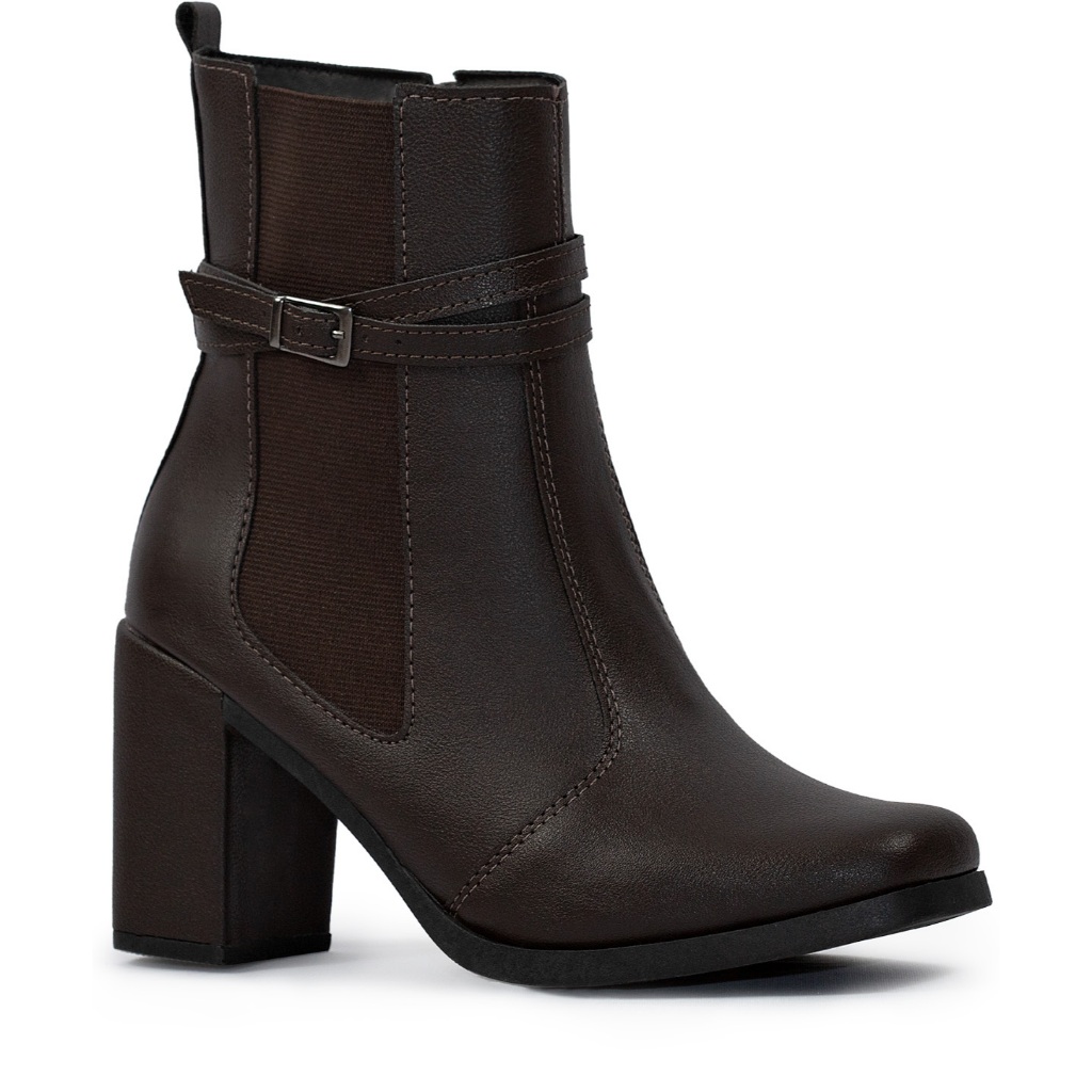 Bota Feminina Lumiss Salto Alto Bloco Confortável Cano Curto Elástico Zíper Blogueira Marrom em Oferta na Shopee