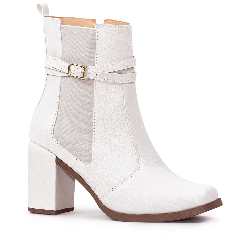 Bota Feminina Lumiss Salto Alto Bloco Confortável Cano Curto Elástico Zíper Blogueira Off White em Oferta na Shopee