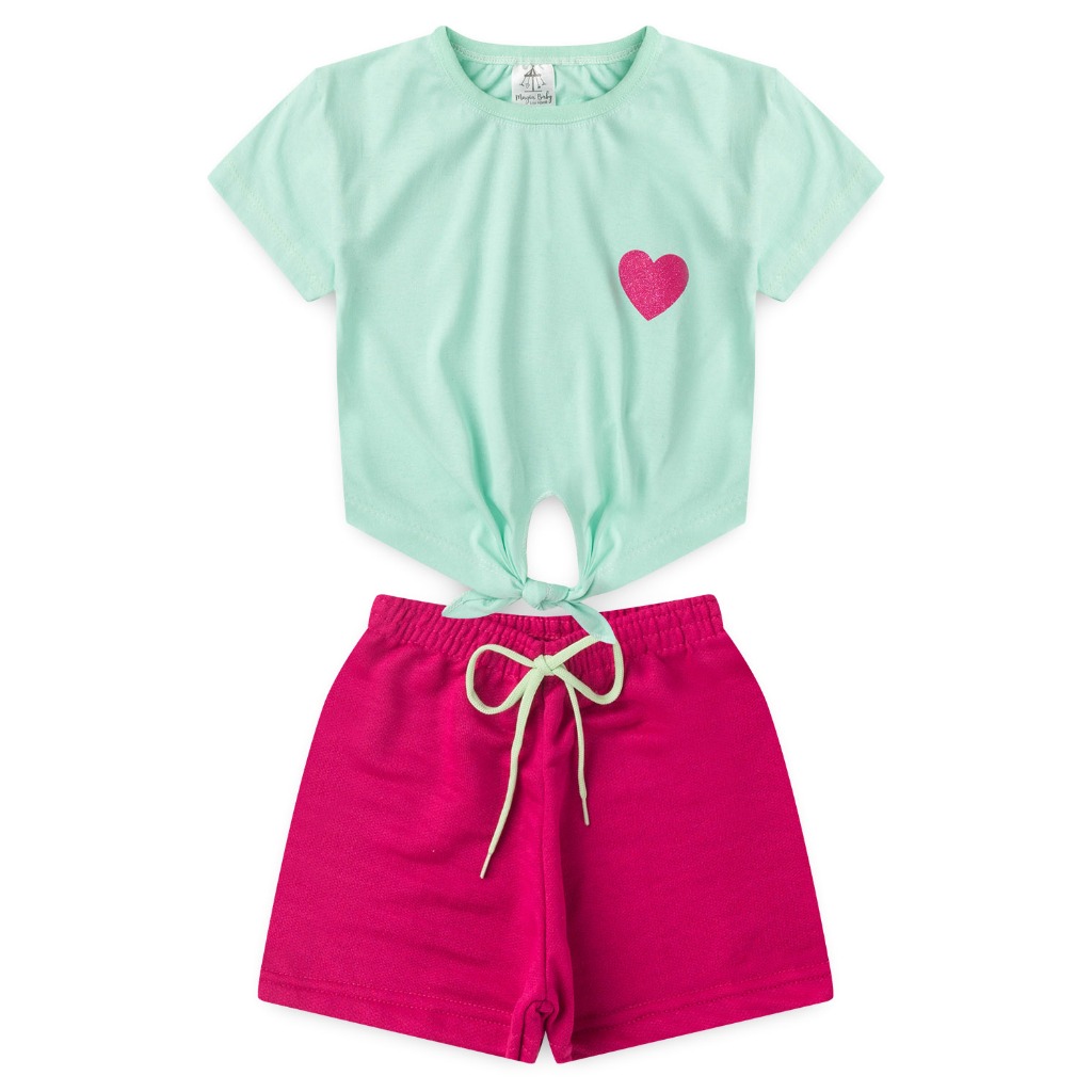 Conjunto Infantil Cropped Laço Menina - Duas Peças: Shorts + Cropped - Tamanho 02 a 14
