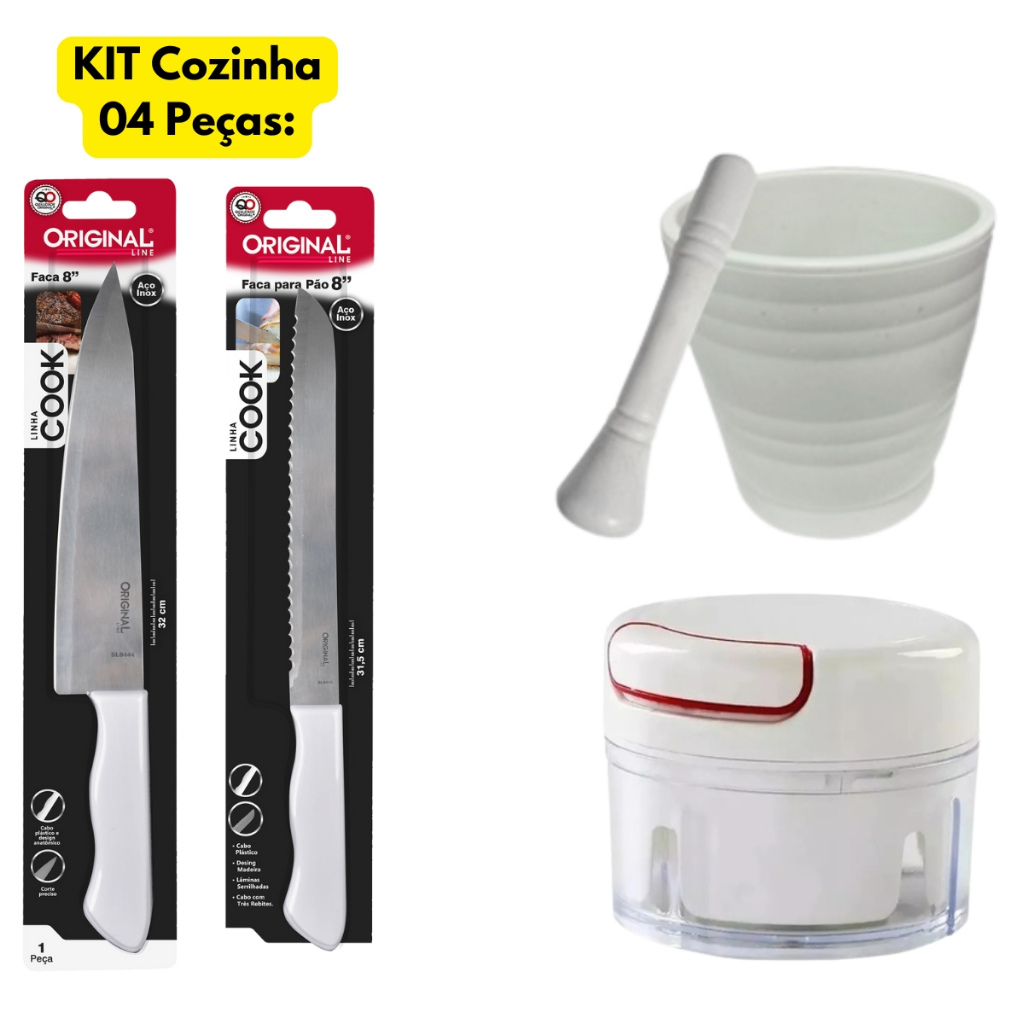 Jogo Kit Cozinha 04 Peças 01 Faca Cook Multiuso+01 Faca Pão + Pilão Socador Branco + Mini Triturador