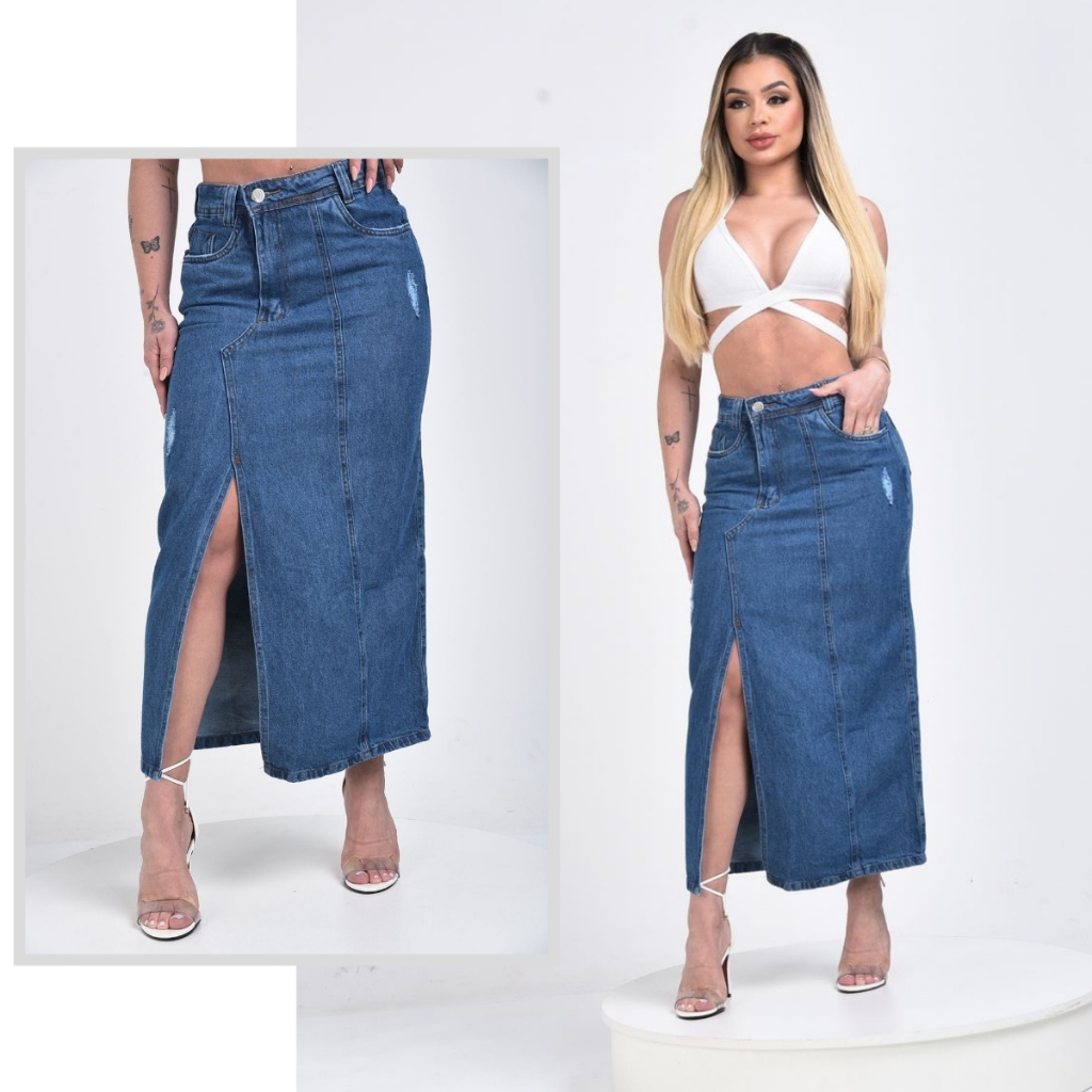 SAIA MIDI COM  FENDA LAVAGEM ESCURA em Oferta na Shopee