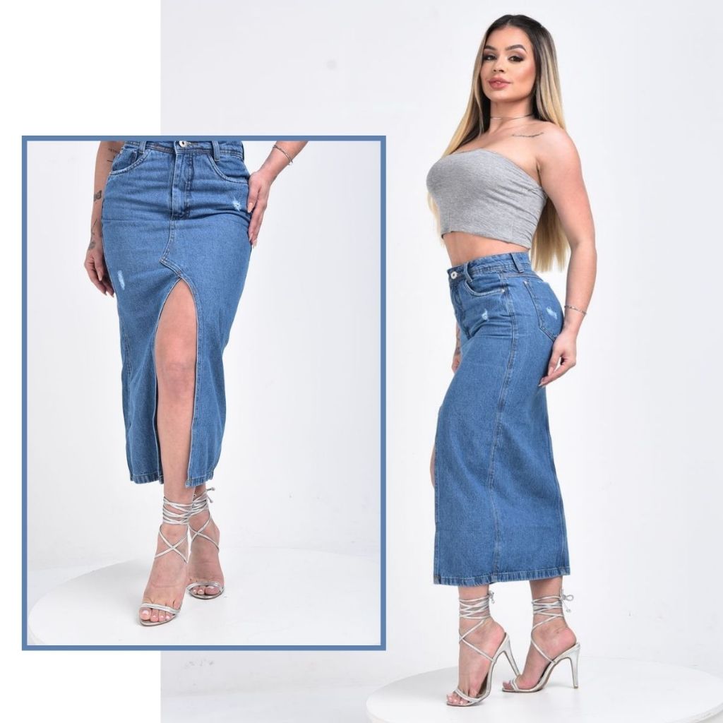 SAIA MIDI COM  FENDA AZUL em Oferta na Shopee