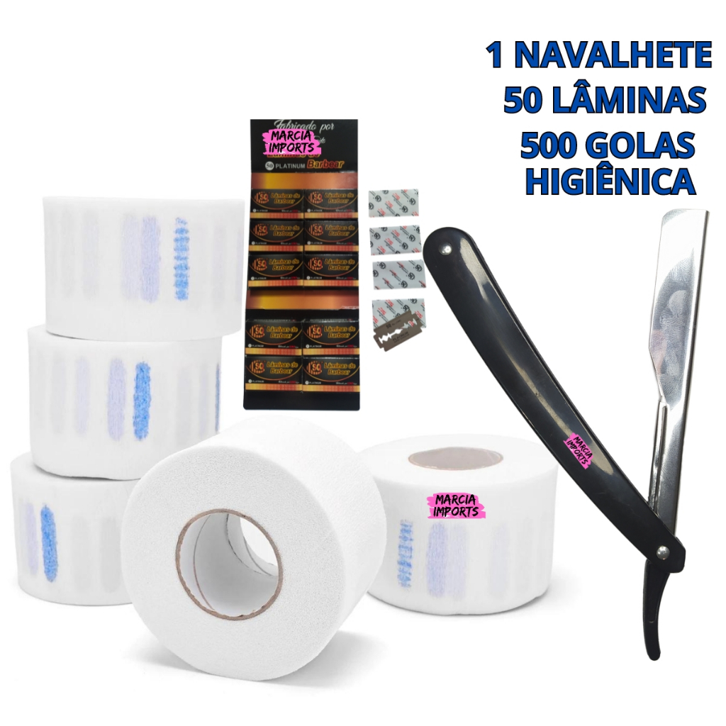 Conjunto P Barbeiro com 500 Golas Higiênica 1 Navalhete Profissional 50 Laminas Conjunto de Barbearia Top