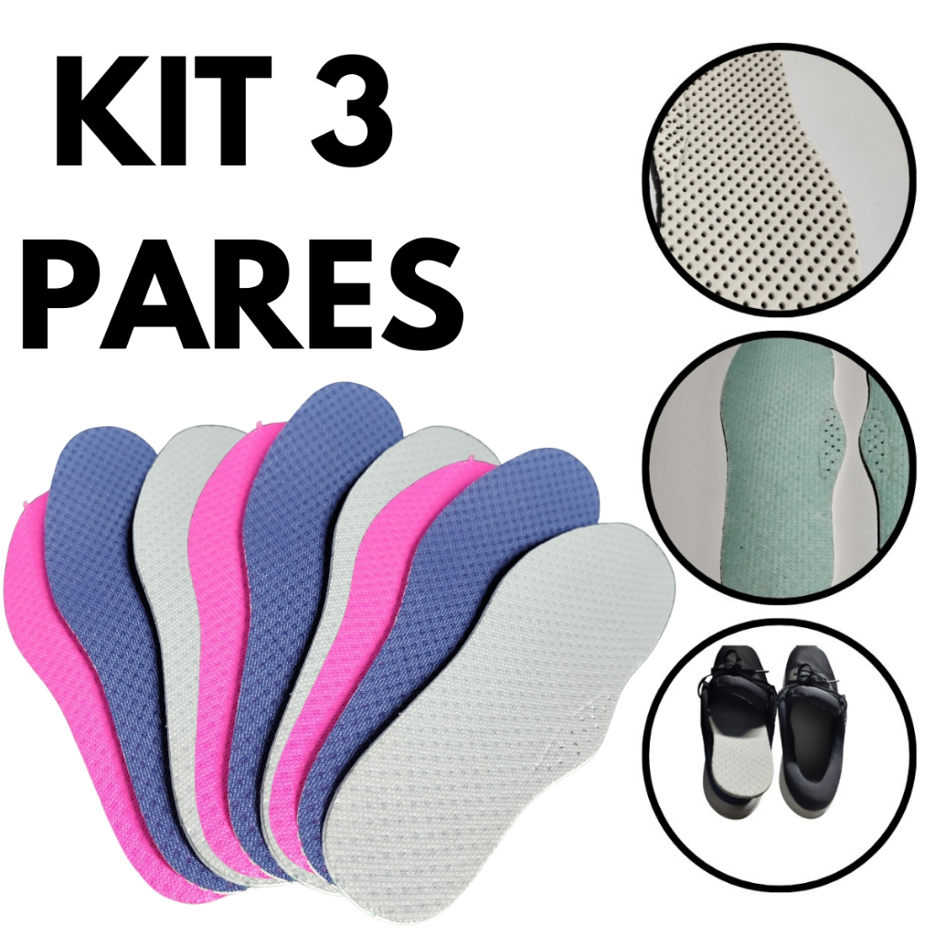 Kit com 3 Pares de Palmilha Ortopédica Para Várias Horas de Trabalho Alivia Dores Confortável em EVA
