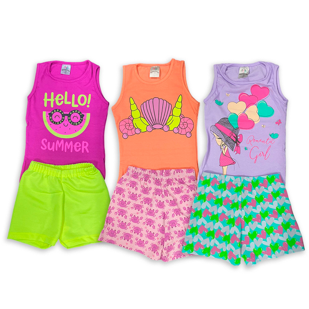 Kit 4 Peças Conjunto Regata Infantil Menina Verão 2 Conjuntos Regata + Shorts/Bermuda