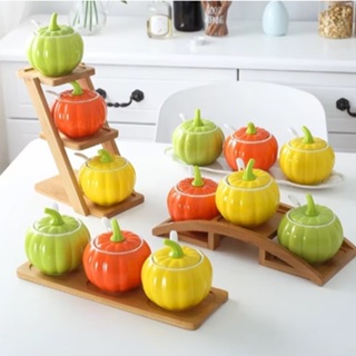 Jogo de Porta Condimento de Porcelana Abóbora 3 Peças + Base Madeira c/ Colher - Tempero Sal Açúcar em Oferta na Shopee