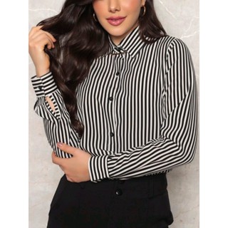 Camisa Social Feminina Risca De Giz Listras Fino Tendência em Oferta na Shopee