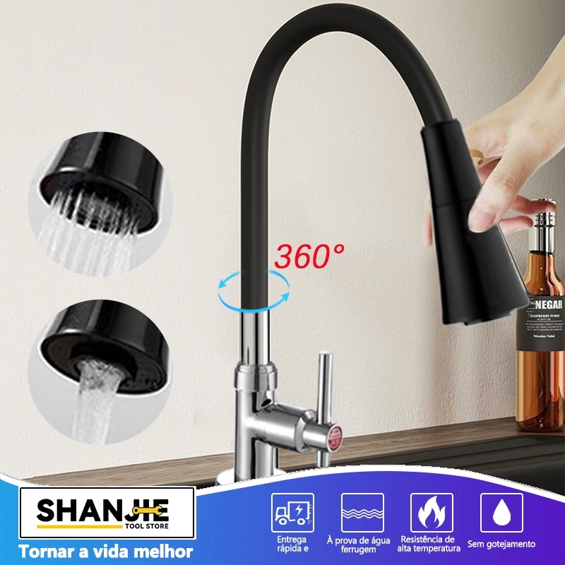 Tubo para torneira cozinha parede preta flexível Duplo Jato Cone 1/4 de Volta