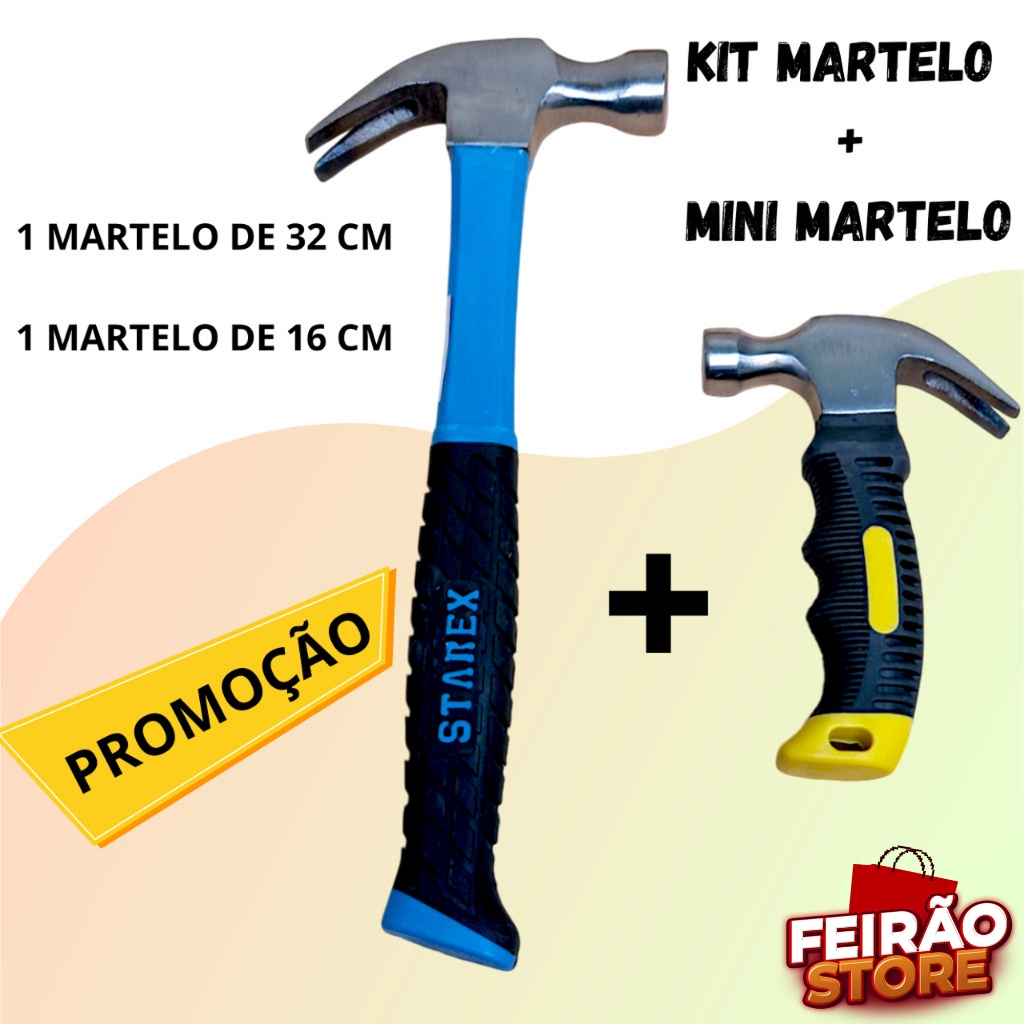 Martelo Unha Profissional 32cm + Mini Martelo 16cm Com Cabo Emborrachado e Fibra Portátil