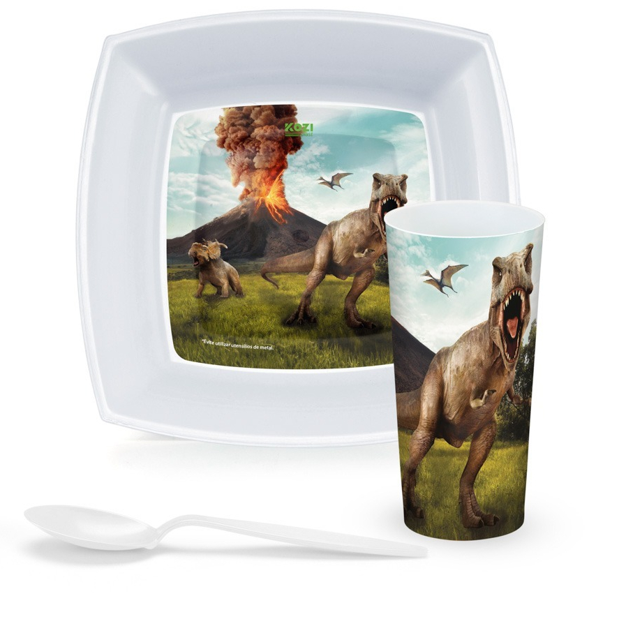 Kit Alimentação Criança Menino Dinossauro Prato Copo 350ml Colher Plástico Bebê Escola Piquenique Merenda