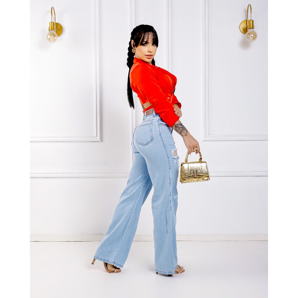 Calça Jeans Feminina Wide leg Pantalona Rasgada Jeans Premium Cintura Alta 100% Algodao