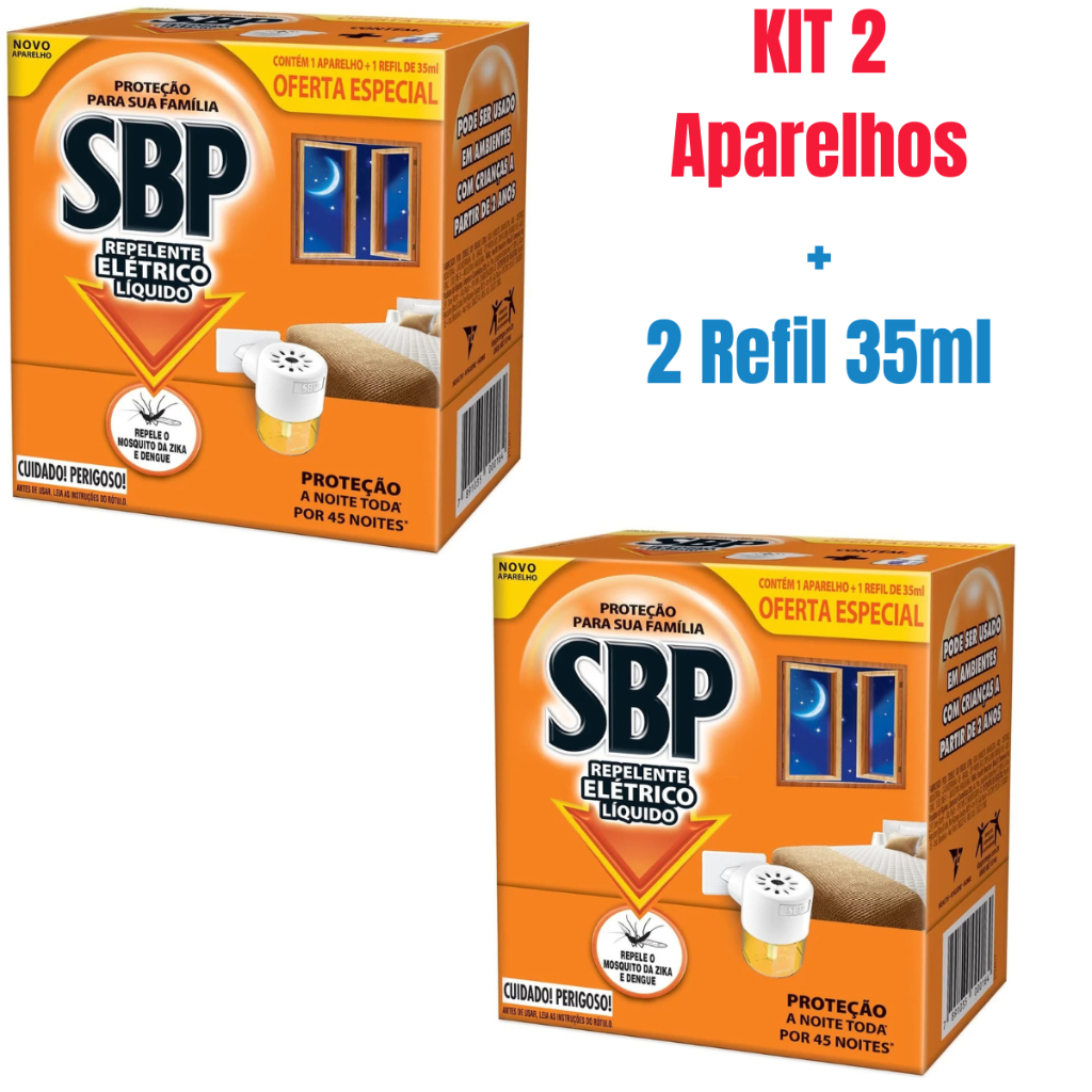 Kit 2 Aparelho Repelente SBP Elétrico + 2 Refil de 35 ml Líquido 45 Noites em Oferta na Shopee