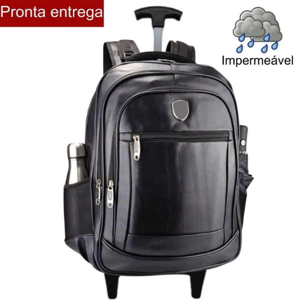 Mochila Bolsa De Rodinhas Couro Unissex Resistente Impermeável Trabalho Faculdade Preta