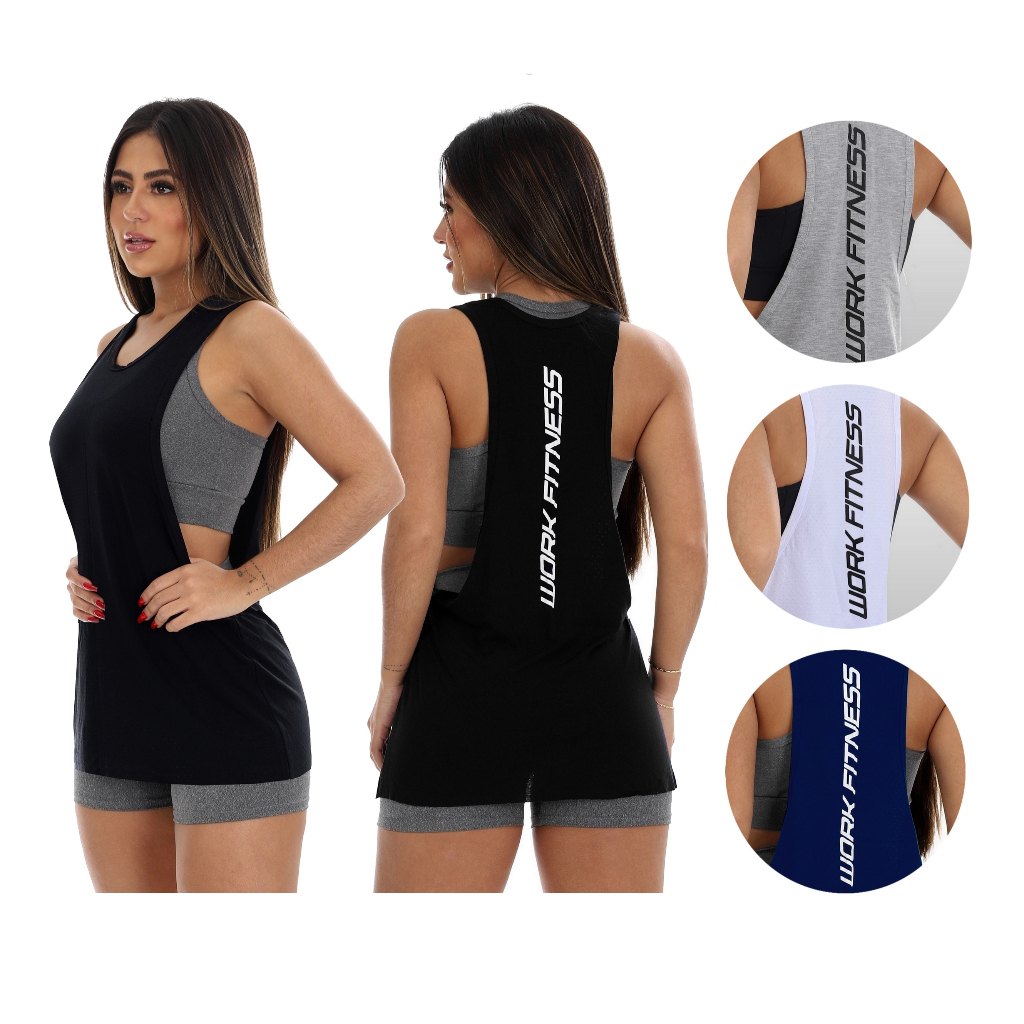 Blusa Camiseta Regata Fitness Cavada Estampada Costas Feminina Academia