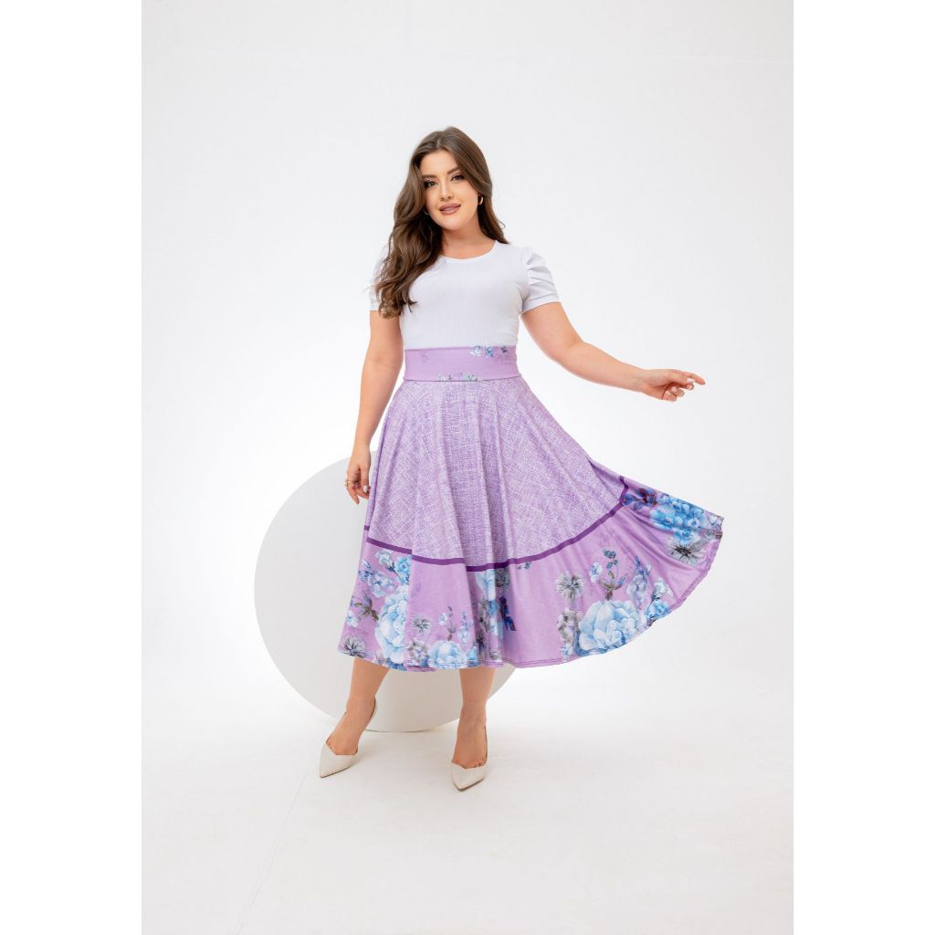 Saia Midi Lilás Florida Godê Moda Feminina P ao G3 Lançamento Suplex Digital