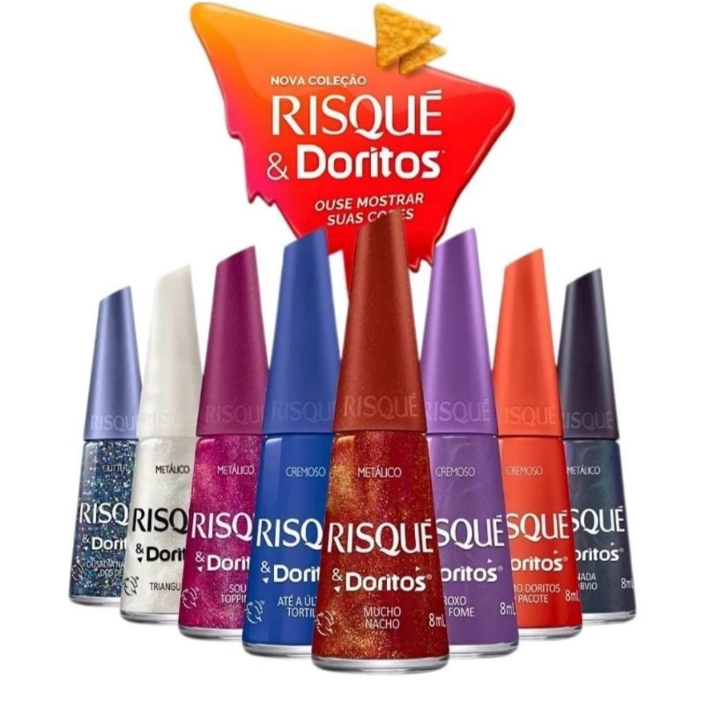 Coleção Risqué Doritos | KIT 8 cores | Lançamento Cores Risqué & Doritos Sou Topping, Último Doritos do Pacote, Até a Última Tortilha, Mucho Nacho, Ousadia na Ponta dos Dedos, Nada Óbvio, Roxo de Fome, Triangulum