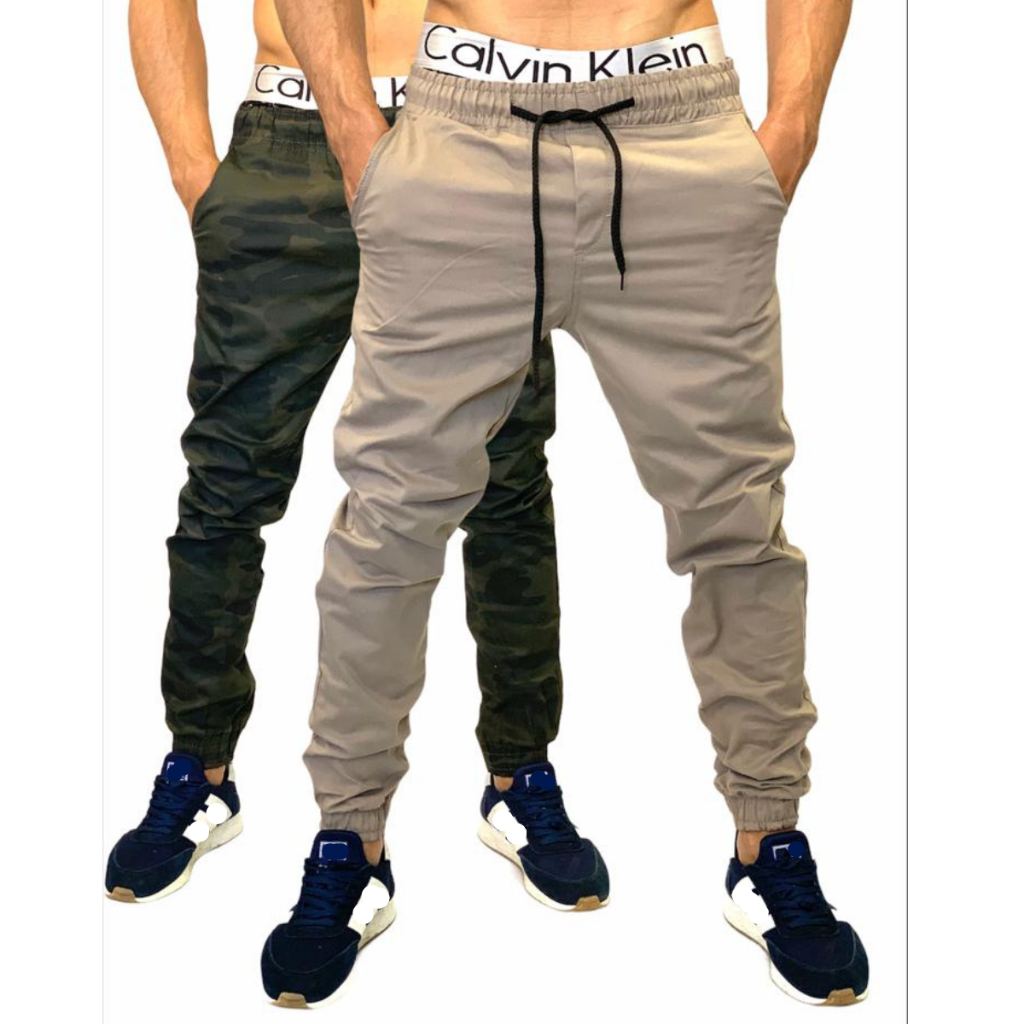 KIT COM 2 Calça masculina jeans e sarja jogger Lisa e Rasgada Preta Bege Vinho Jeans Clara e Escura