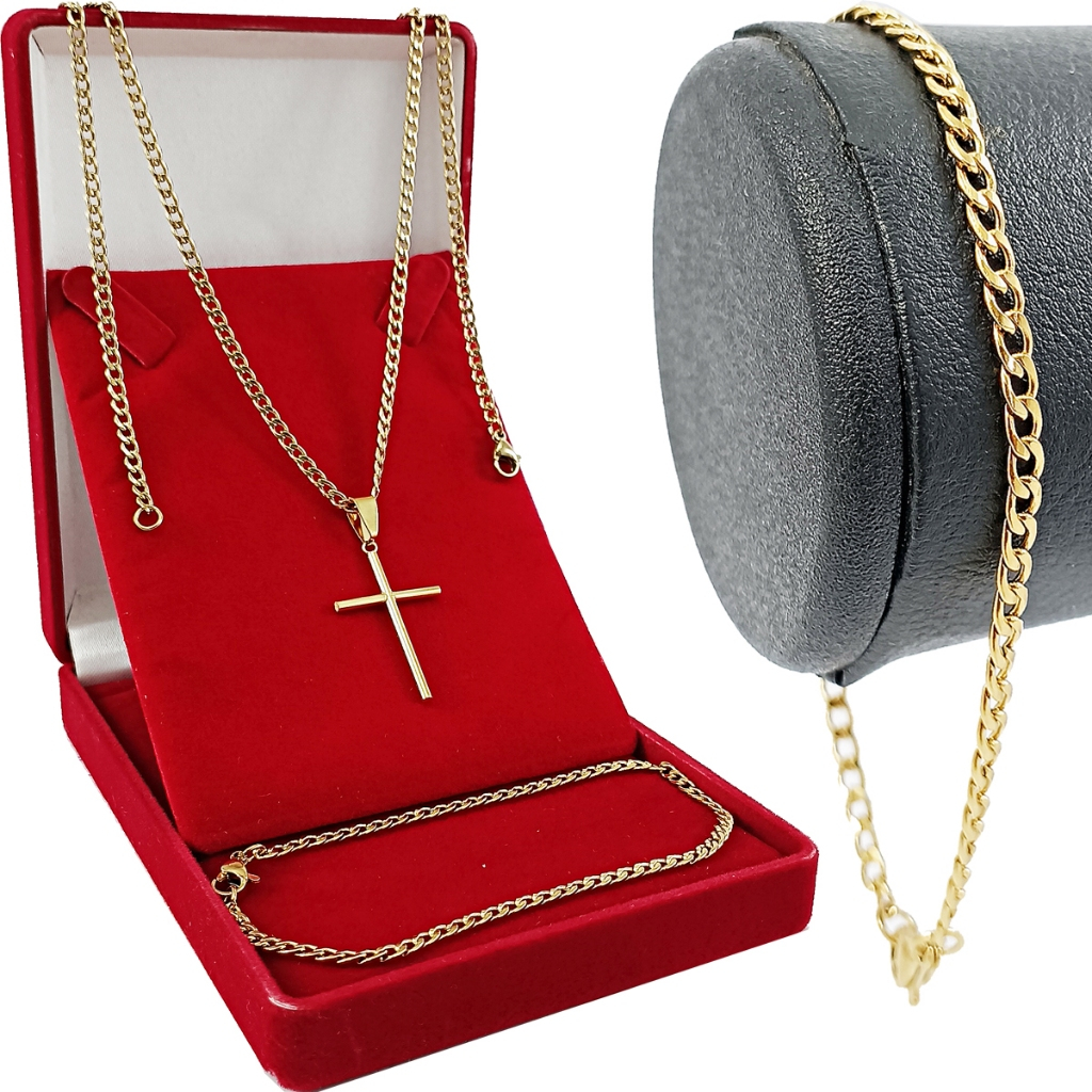 Correntinha Masculina Cordão + Pingente Crucifixo + Pulseira de Luxo Fininha Tipo Grumet Dourado