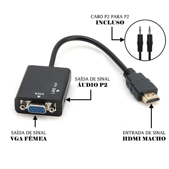 Cabo Adaptador Conversor HDMI Para Vga Com Saída P2 Áudio HDMl-vga P/tv Ps3 Pc Notebook