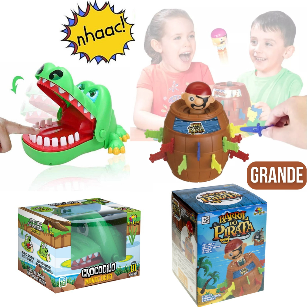 Kit Jogo Pula Pirata Grande Barril + Jogo Croc Croc Crocodilo Morde Dedo Jacaré Dentista