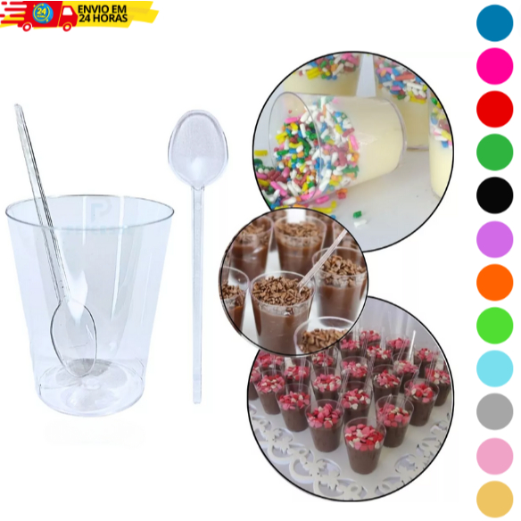 Kit 50 Unidades Copinho + 50 Colherzinhas Transparentes Para Brigadeiro 25ml Várias Cores Decoração.