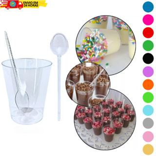 Kit 50 Unidades Copinho + 50 Colherzinhas Transparentes Para Brigadeiro 25ml Várias Cores Decoração. em Oferta na Shopee