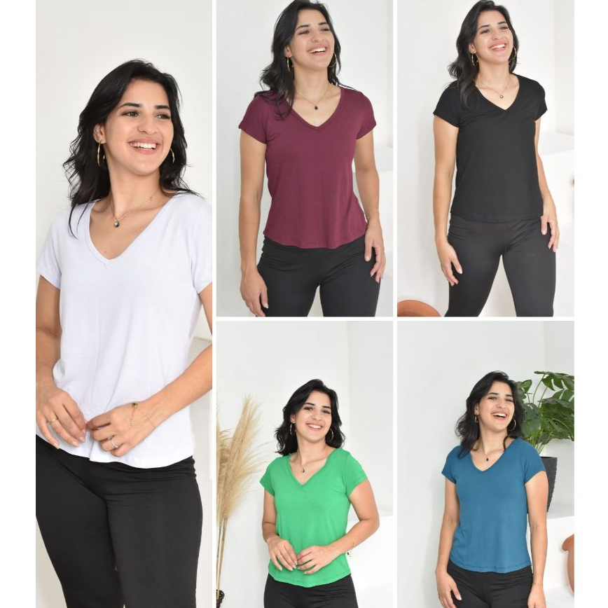 Kit 5 Blusas Básica Gola V Em Viscolyra T-shirt Para Academia