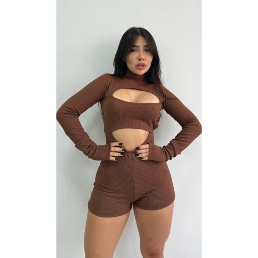 macaquinho feminino manga longa preto e marrom com decote do PP ao GG em Oferta na Shopee