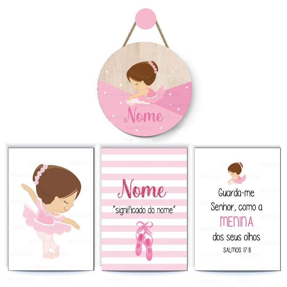 Kit 3 Quadros Bailarina + 1 Enfeite de Porta Bailarina Decoração De Quarto Menina