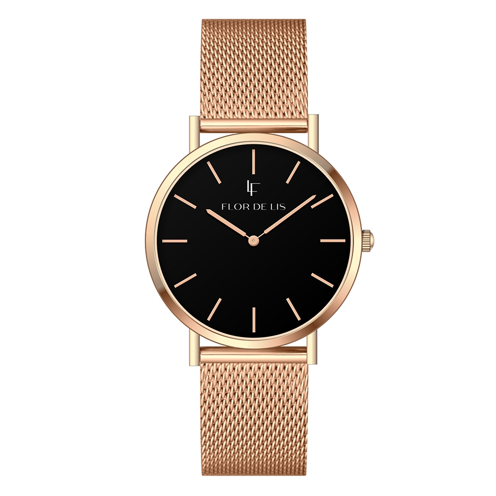 Relógio Feminino Flor De Lis Rose Gold Com Preto Elegante Moderno Casual Joia Pulseira 40mm Pulseira