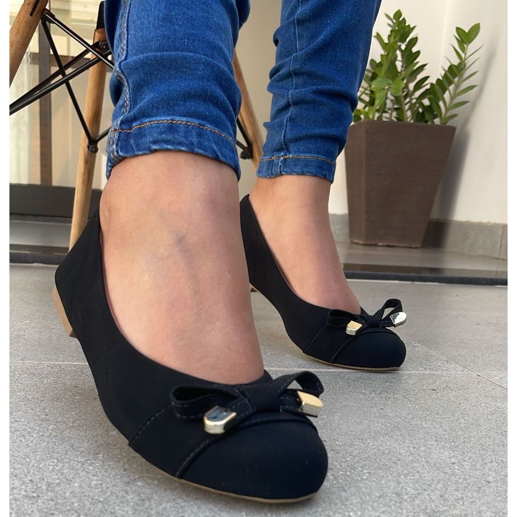 Sapatilha Feminina Bico Redondo Preta e Nude Leve Delicada Confortável
