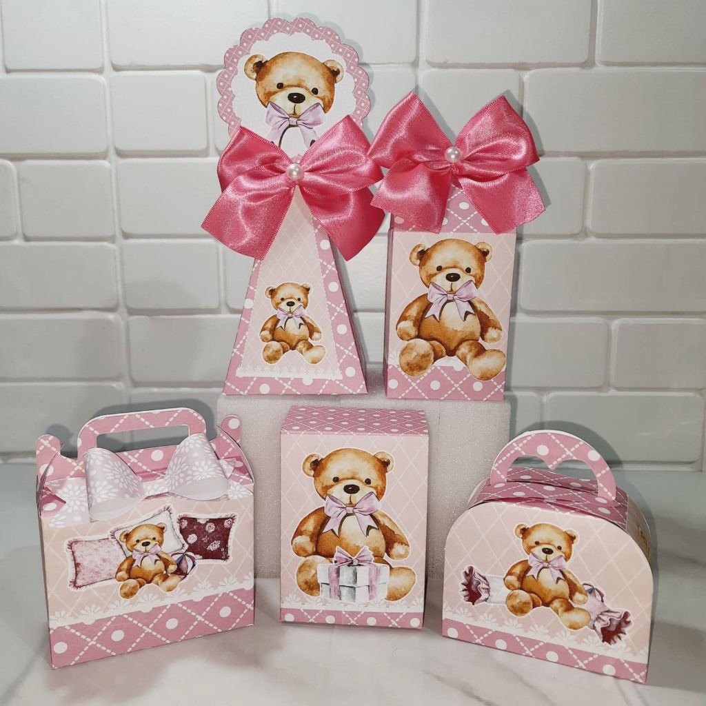 Kit Caixas Personalizados Tema Ursinho Rosa Menina Chá Bebê - Festa - Mimos - Aniversário (PEGUE E MONTE ou MONTADO)