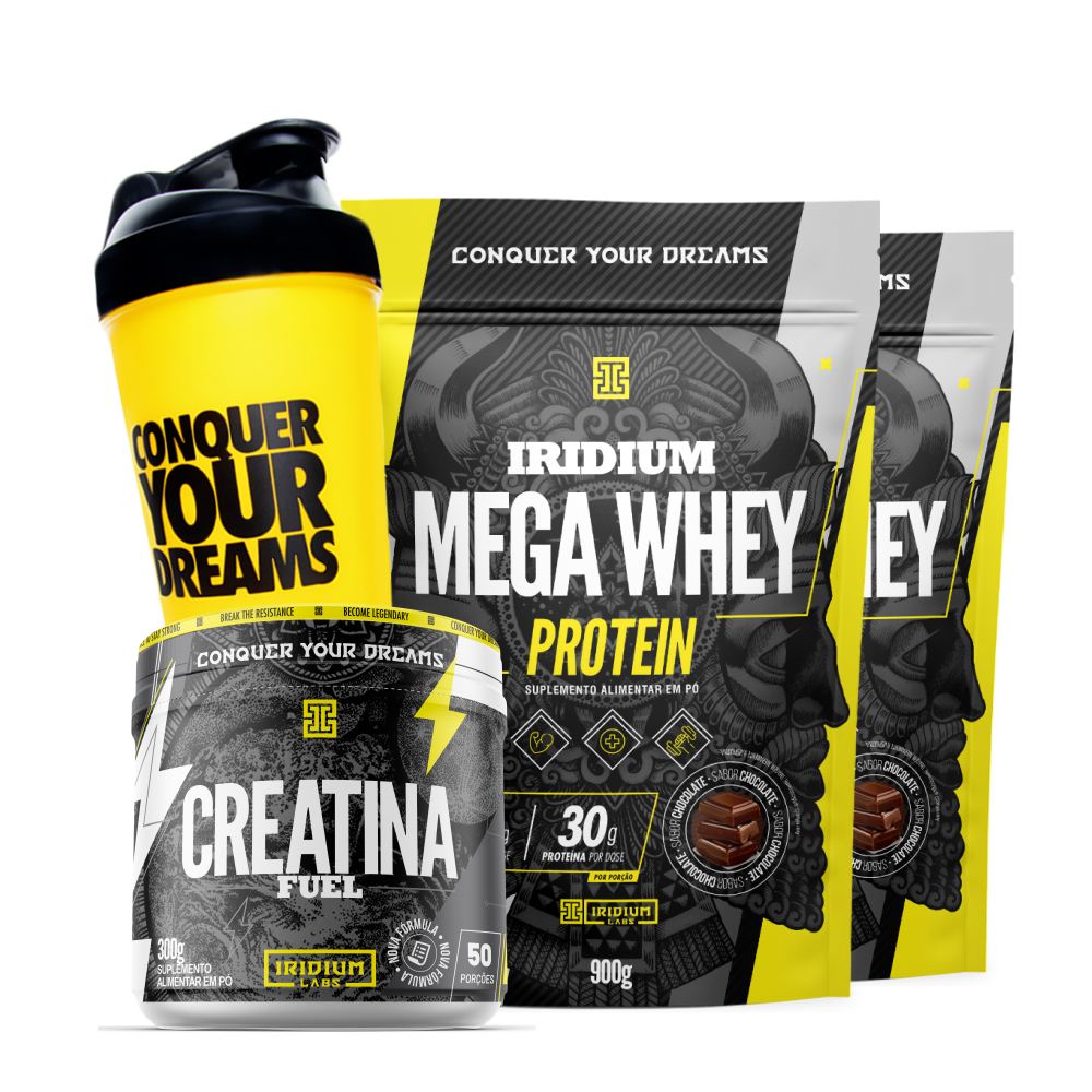 Kit 2x Whey Protein Mega + Creatina Fuel 300g + Coqueteleira - Iridium Labs