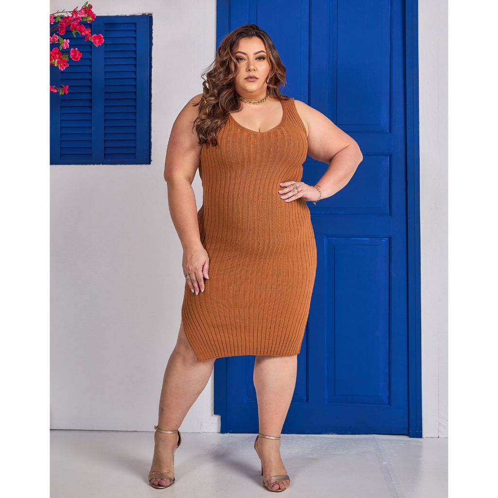 Vestido Midi Tricot Modal Plus Size Canelado Decote V Moda Evangélica