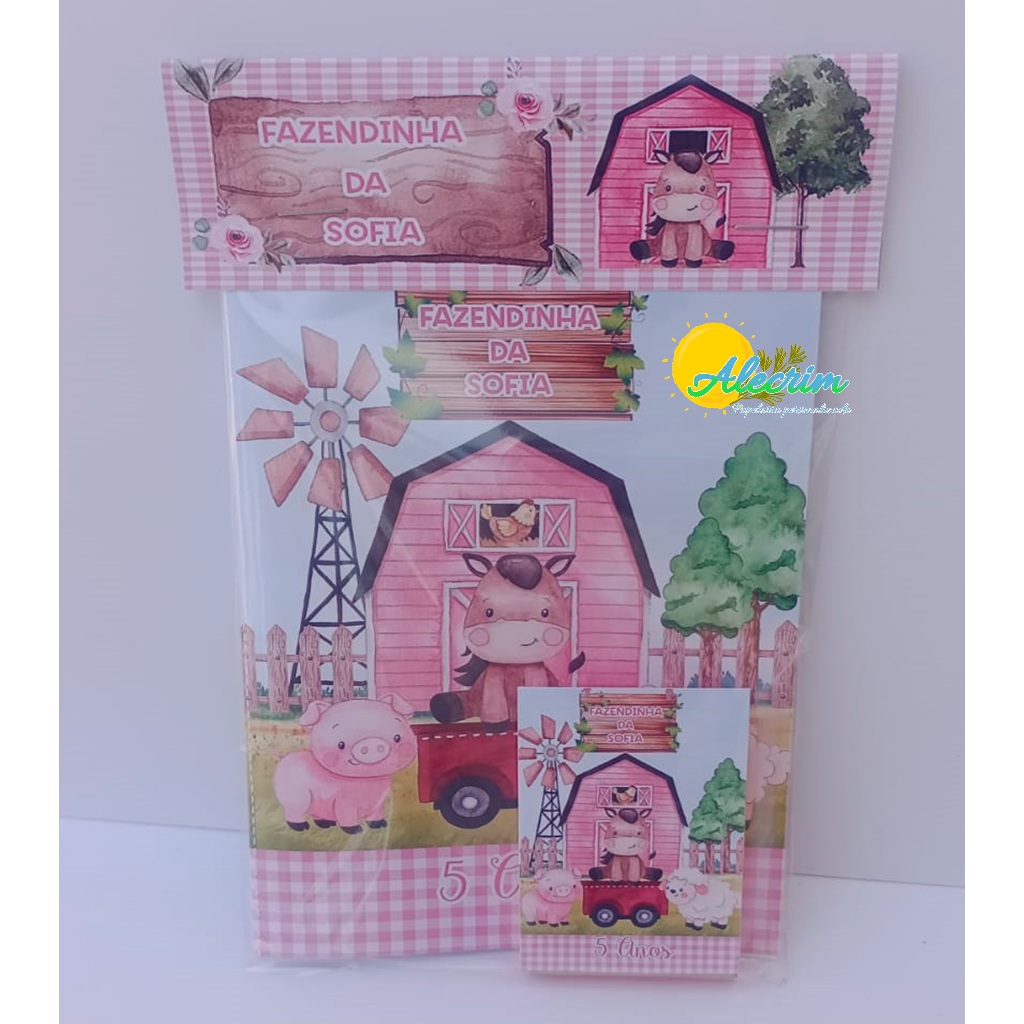 Mini Kit para colorir tamanho 18x11cm pequeno com Mini Giz 5 Cores Fazendinha Rosa Aquarela promoção de lembrancinha