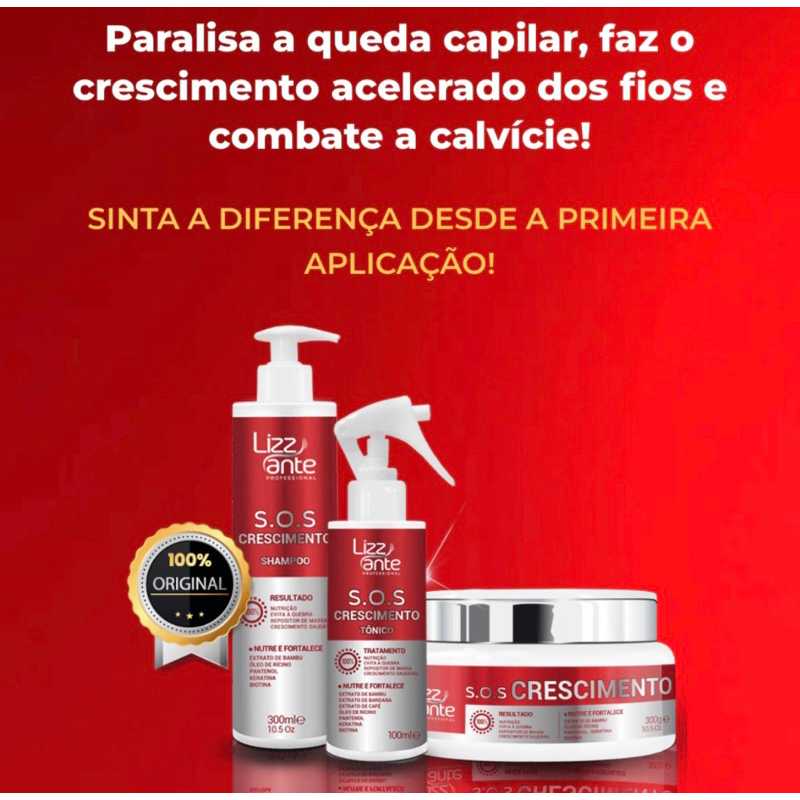 Kit Sos Crescimento com 1 Tonico SOS Crescimento Rápido Combate Queda de Cabelo Calvície Falha Tratamento para Alopecia