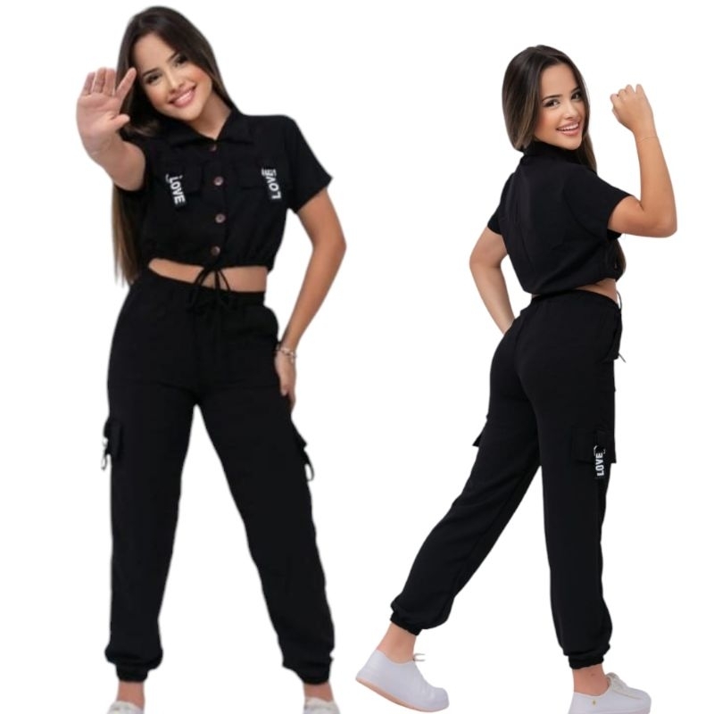 Conjunto Juvenil Feminino infantil menina com Calça Jogger com Blusa  botão e gola  Roupa inverno roupa natal