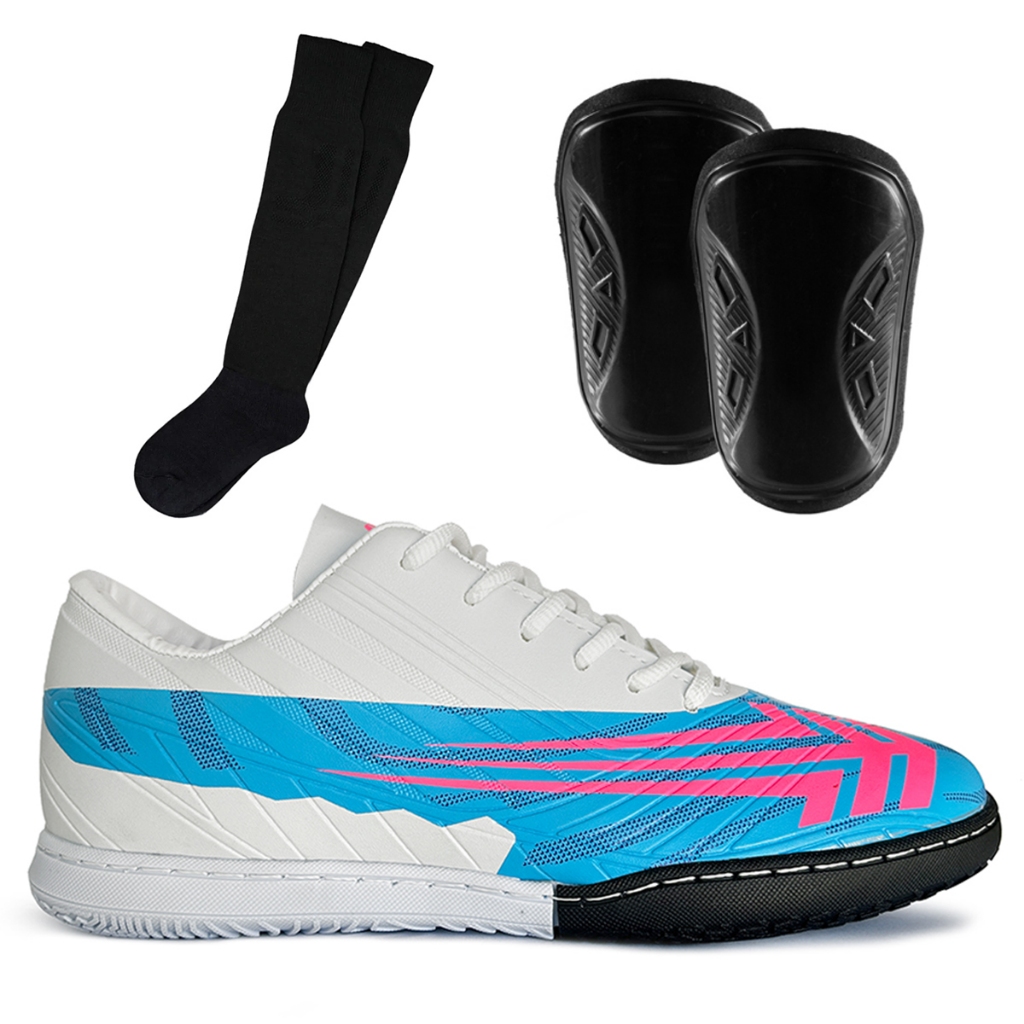 CHUTEIRA FUTSAL TÊNIS SALAO JUVENIL COSTURADO + CANELEIRA E MEIÃO ORIGINAL FEMININO E MASCULINO