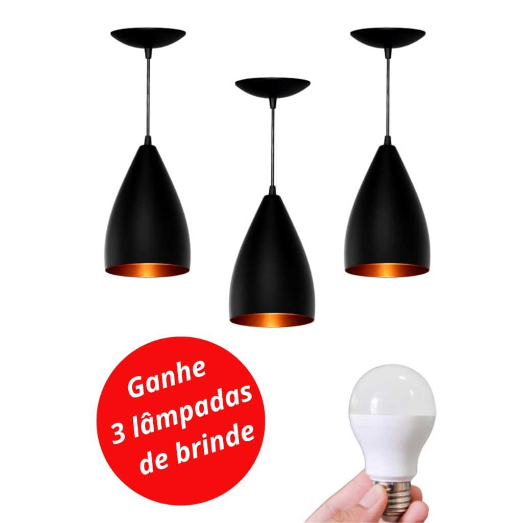 Luminaria Pendentes Kit de 3 Vegas Preto Bronze Com Lampada Inclusa Decoração De Teto Para Sala