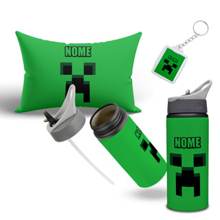 Kit Com Seu Nome Minecraft, Garrafa com Canudo Almofada e Chaveiro Personalizados