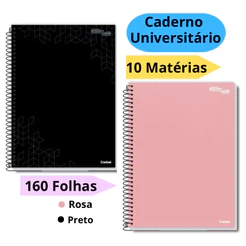 Caderno 20 Matérias Universitário Capa Dura Com Preto Rosa Escolar Credeal