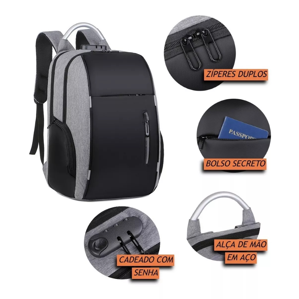 Mochila para Notebook 15.6 Polegadas Impermeável, anti furto, USB para Carregador Portátil
