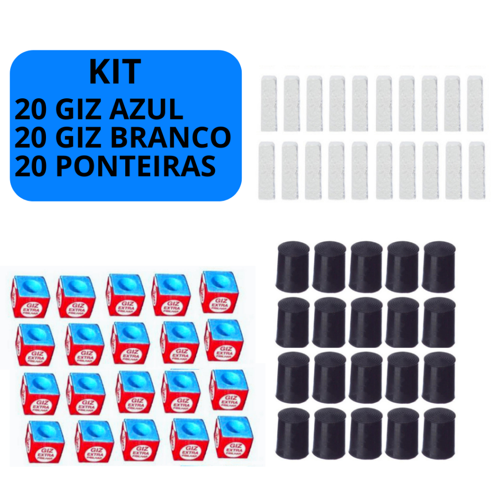 Kit 20 Giz Azul 7 Belo + 20 Giz Branco + 20 Ponteiras Virola Rista Para Sinuca Bilhar Snooker