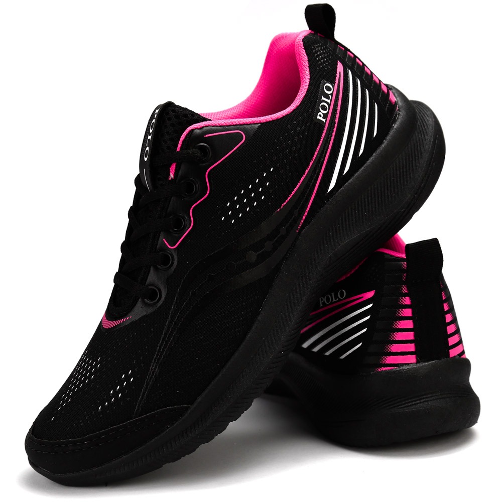Tênis Feminino Esportivo Caminhada Polo Running Preto Rosa Pink