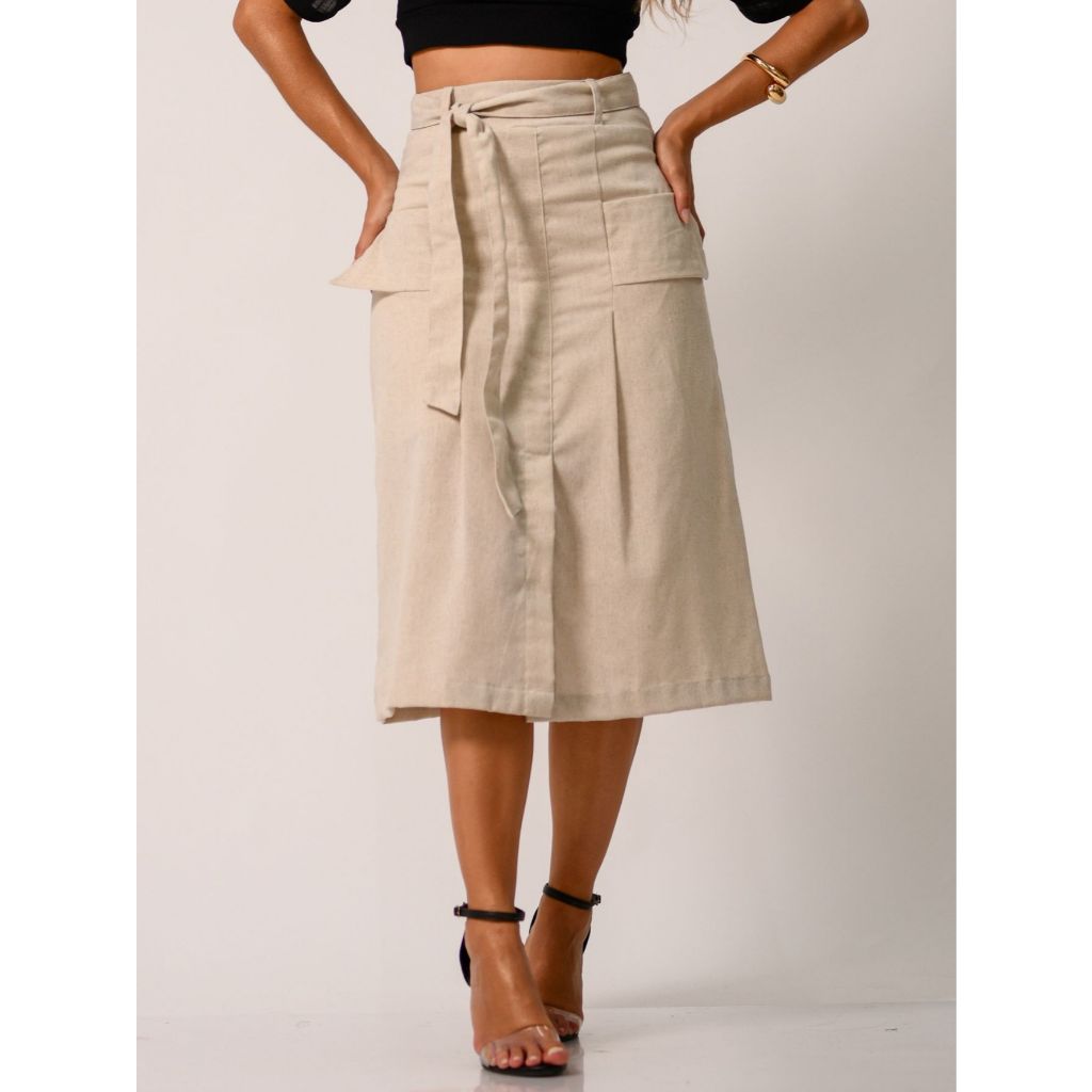 Saia midi de linho detalhe pesponto em Oferta na Shopee