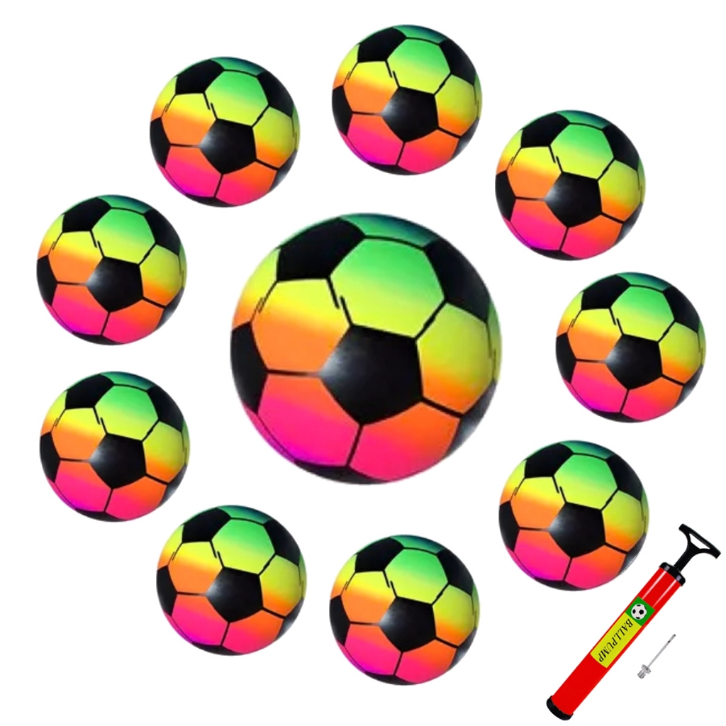 Kit 10 Bola Colorida Vinil Neon Dente De Leite Futebol Praia Festa Decoração Inmetro + Bomba Brinde