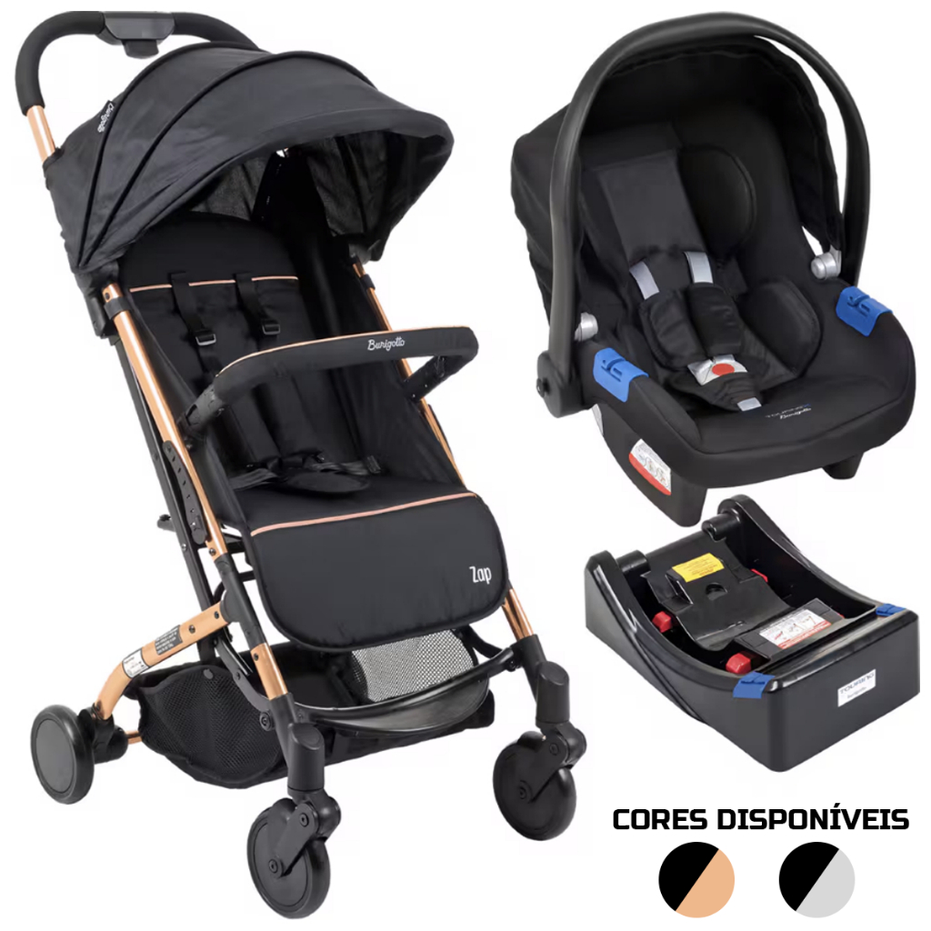 Carrinho de Bebê Zap Até 15kg Dobrável Metal Cobre Prata Com Bebê Conforto e Base Burigotto