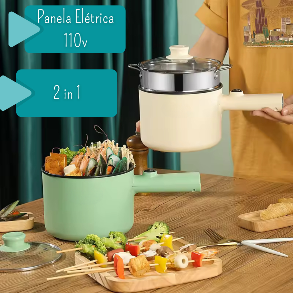 Panela Elétrica 2 em 1 C/ Vapor 110v 450w 1.8L Antiaderente Portatil Cozinha Frita