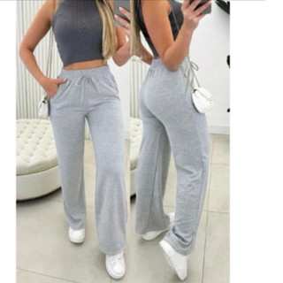 Calça Pantalona Cós Largo Lisa Barra Flare Cintura Alta Tendência Reta Moletinho Wide