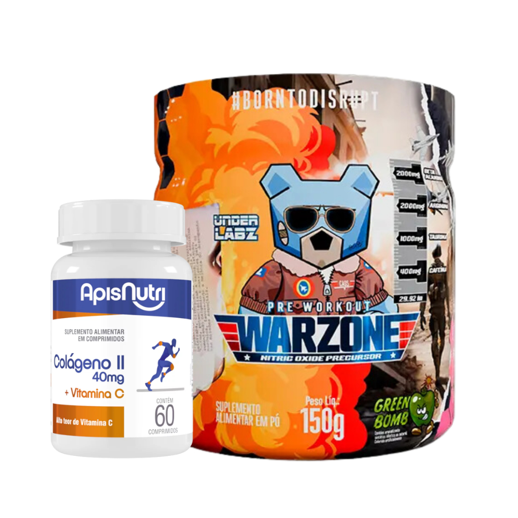 Warzone - Com Pump Matrix - Pré Treino - 150g - Under Labz + Colágeno Tipo II + Vitamina C 500mg 60 Comp ApisNutri